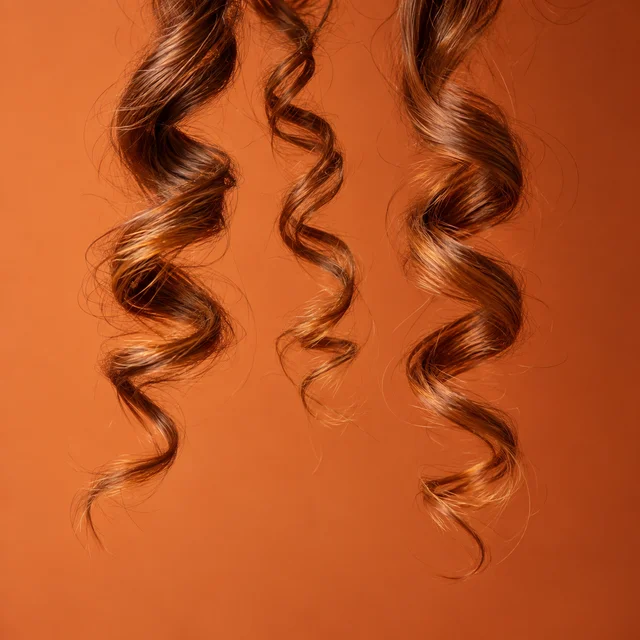 Three defined chestnut ringlets against a warm orange background