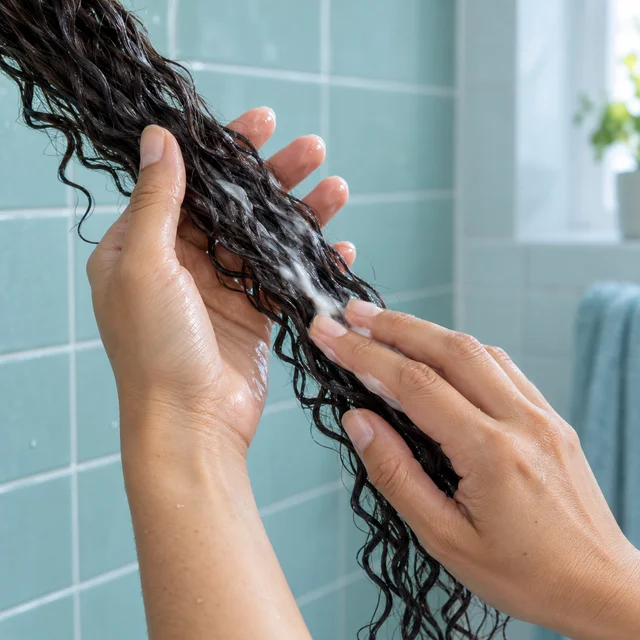Hands applying conditioner to a damp section of curls