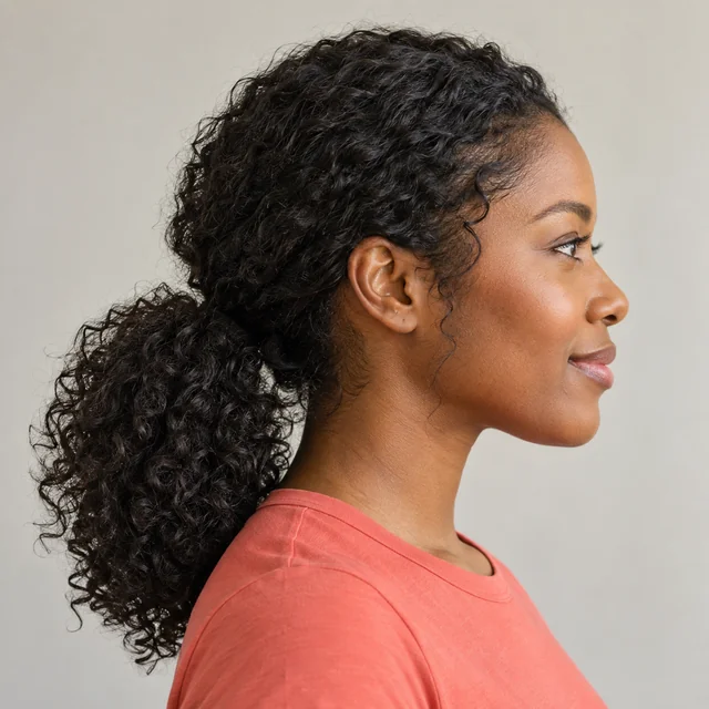 Side profile of a woman with a softly smoothed crown and curly low ponytail