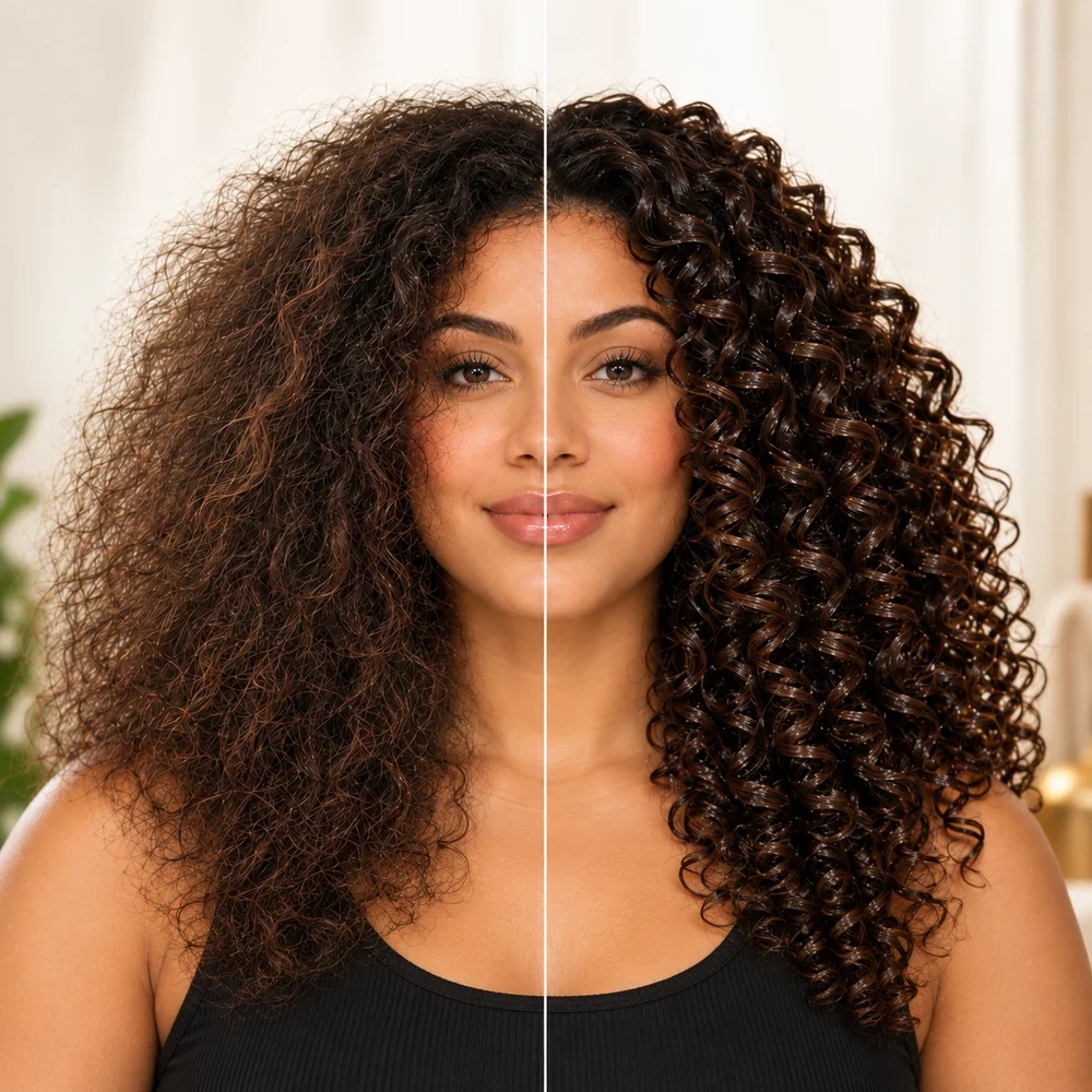 Illustration comparing frizzier hair on the left with more defined curls on the right