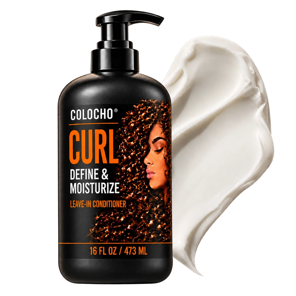Colocho CURL Leave-In Conditioner bottle with a white cream swatch behind it