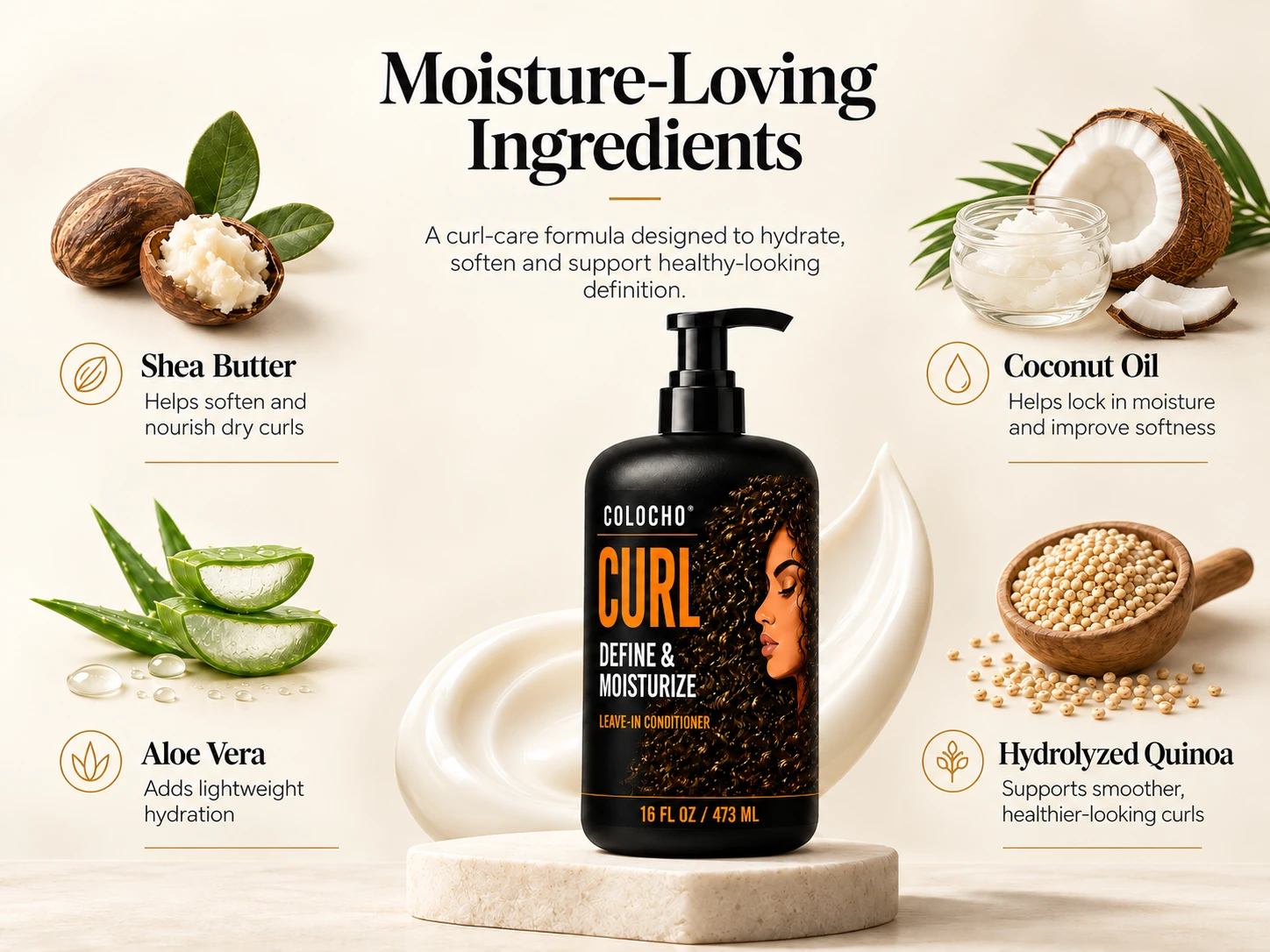 Colocho ingredient graphic featuring shea butter, coconut oil, aloe vera, and hydrolyzed quinoa