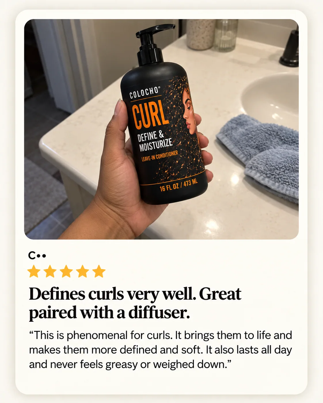 Illustrative photo of a hand holding Colocho over a bathroom counter